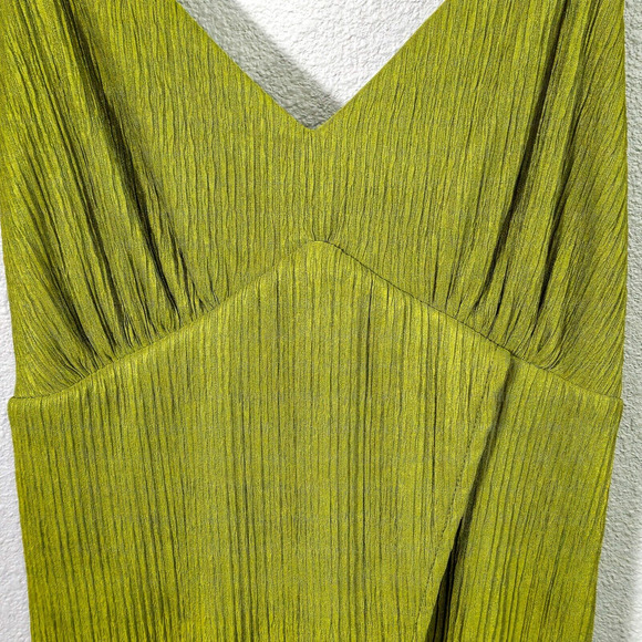 Lulus Dress Garden Glam Olive Green Pleated Midi Satin Sheen Tie Back Size L - Picture 5 of 10